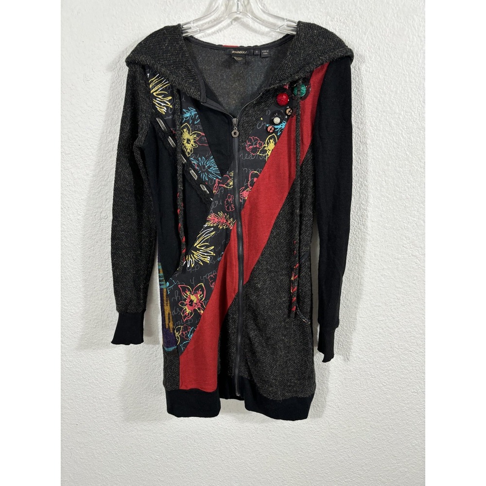 Radzoli Cardigan Sweater Womens Small Black Gray Red‎ Hooded Zip Patchwork Artsy